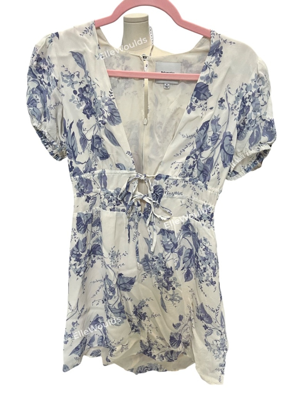 Reformation Grady Dress Cream and Blue Floral Tie-Front Mini Dress Size 6 - Picture 3 of 6